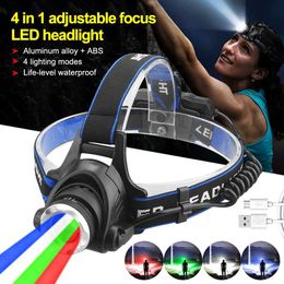 Headlamps 4 In 1 Adjustab Focus D Headlight Red+Green+Blue+White Zoomab Fishing Front Head Flashlight Torch USB Red Warning Light HKD230719