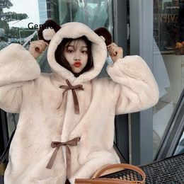 Women's Down Lolita Soft Girl Plush Coat Women Cute Winter Hooded Jacket Bear Ear Thickened Imitation Fur Harajuku Solid Outwear
