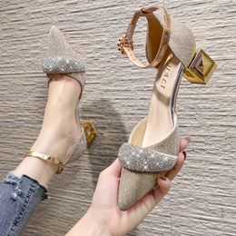 Dress Shoes Bling Crystal High Heels Pumps Women Elegant Pearl Buckle Square Heels Wedding Party Shoes Ladies Pointed Toe Ankle Strap Pumps 230719