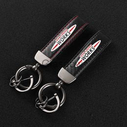 Car Key HighGrade Leather Car KeyChain 360 Degree Rotating Horseshoe Key Rings For works MINI COOPER S R55 R56 F55 F56 car Accessories x0718