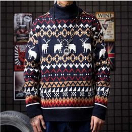 Men's Sweaters Men's Causal Half Turtleneck Sweater Deer Printed Autumn Spring Christmas Pullover Knitted Jumper Sweaters Slim Fit Male Clothes L230719