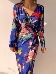 Basic Casual Dresses Midi For Women Elegant Vintage Floral Print Dress Crossover V Neck Long Sleeve Waist Tie Wrap Womens Clothing 230719