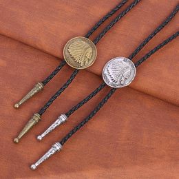 Bolo Ties Bolo tie Retro shirt chain Double Colour Indian poirot tie rope leather necklace Long tie hang HKD230719