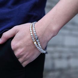 Fashion 14k Gold Mens Box Chain Bracelets Full Rhinestone Crystal Hip Hop Jewellery Stainless Steel Bracelet Bangles For Men286s