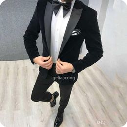 Men's Suits 2 Piece Velvet Men Dress Blazer Black Wedding Groom Male Slim Fit Party Prom Suit Jacket Pants Bowtie