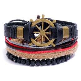 4pcs/Set New Vintage Leather Wristband Bracelets For Women Men With Wood Beads Ethnic Elastic Bracelets Jewelry Accessories