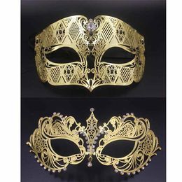 Party Masks Gold Metal Party Mask Phantom Men Women Filigree Venetian Mask Set Masquerade Couple Set Crystal Cosplay Prom Wedding 219R