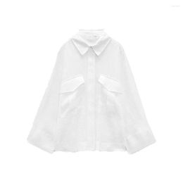 Women's Blouses Zach AiIsa Summer High-quality Temperament Lapel Long-sleeved Casual Linen Texture Pocket Decoration Loose Shirt
