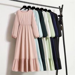 Casual Dresses French Style Dress Women Office Lady Long Simple Solid Color Pullover Sleeve Elastic Waist A Line