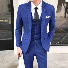 Men Suit 3 Piece Korean Fashion Plaid Suit Men Brand New Autumn Winter Slim Fit Wedding Plus Size Clothes 2018 5XL323B
