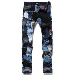 Unique Mens Patchwork Ripped Jeans Fashion Spliced Straight Leg Slim Frayed Colourful Denim Pants Streetwear Trousers For Male 248226l