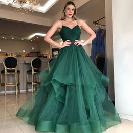 Sweety Dark Green Ruffles Prom Dresses Spaghetti Strap Pleat Tiere Vestidos De Soiree Backless With Bow Tie Layered Skirt Receiption Party Dress