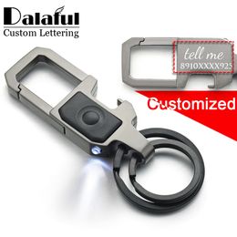 Keychains Lanyards Dalaful Custom Lettering Keychain LED Lights Lamp Beer Opener Bottle Engrave Name Customised Key Chain Ring Men Car K378 230718