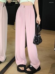 Women's Pants Full Length Casual Suit Summer Solid Colour Straight High Waist Wide Leg Fashion Pink Female Trousers