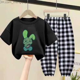 Clothing Sets Summer Baby Boys and Girls Clothing Children's Cotton T-shirt Trouser Set Cartoon Rabbit Top and Black and White Plaid Button Set Casual Wear Z230719