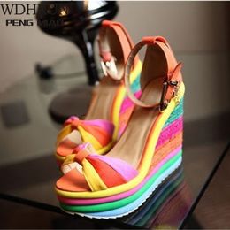 Summer Women WDHKUN s Ladies Wedges Multicolor Patchwork Peep Toe Roman Shoes Sandals High Heels b Ladie Wedge Shoe Sandal Heel