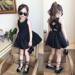 Girl's Dresses 2023 Summer Girls Elegant Goth Dresss Black Sleeveless Dress Backless Off Shoulder Party Kid Dresses 4 5 6 8 Years Old R230719