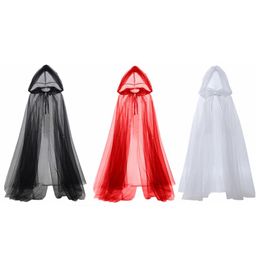 Women Tulle Cloak Halloween Costumes Cosplay Party Hooded Witch Capes265Z