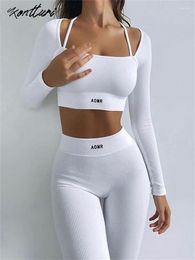 Women's Two Piece Pants Kontturi Fall Casual Bodycon Letter Tracksuit White 2 Set Women Outfit 2023 Long Sleeve Crop Top Pant Matching Sets