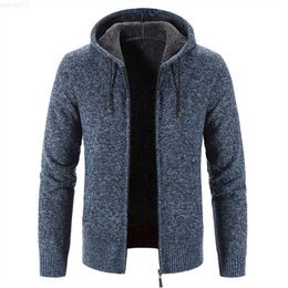 Men's Sweaters 2022 Winter Fleece Cardigan Men Hooded Sweater Coat Knitted Warm Solid Fashion Hooded Cargigan Jacket Mens Casual Knit Coat Men L230719