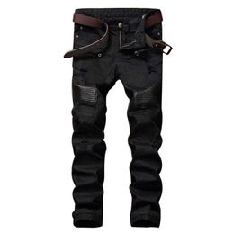Fashion Designer Mens Ripped Biker Jeans Leather Patchwork Slim Fit Black Moto Denim Joggers For Male Distressed Jeans Pants192a