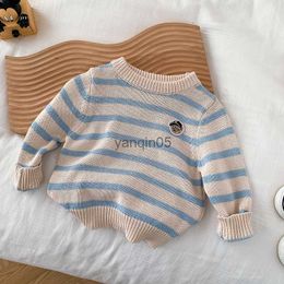 Pullover Spring School Style Boy Children Striped Knitted Sweater Kid Girl Embroidery Bear Long Sleeve Tops Baby Casual Pullover Shirts HKD230719