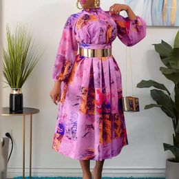 Casual Dresses Fashion Gift Belt Spring High Waist Print Regular Sleeve Versatile Large Size Dress Swing Elegant Style