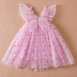 Girl's Dresses 2023 Kids Dress Girl Summer Dress with Butterfly Wings Floral Puff Sleeve Dance Performance Mesh Princess Dress Clothes R230719