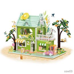 Blocks Green Lemon Tea Workshop Mini Creative Street View Model Children's Assembly Block Toys For Friends Birthday Gifts R230720