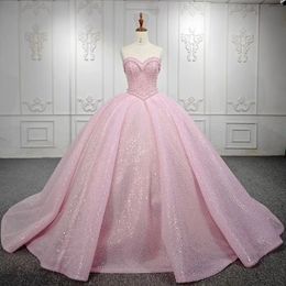 Luxury Pink Shiny Sweetheart Beading Ball Gown Quinceanera Dresses Vestidos De 15 Anos Sequined Birthday Princess Party Gowns