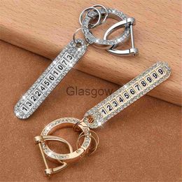 Car Key 1pc Phone Number Tag Keychain Luxury Rhinestone Antilost Metal Key Chain Women Men Buckle Car Keyring Holder Jewelry Gifts x0718