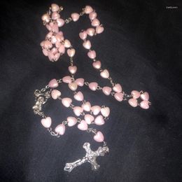 Chains Pearl Rosary Beads Necklace Catholic Prayer Pink White Bead High Quality Love Heart Christ