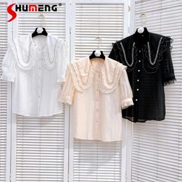 Women's Blouses Summer Sweet Doll Collar Beaded Shirt Solid Colour Puff Short Sleeve Blouse Design Wooden Ear Cardigan Tops Mujer