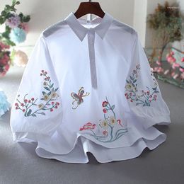 Women's Blouses SuperAen Chinese Style Design Lapel Cotton Lantern Sleeve Embroidered Flower Shirt Blouse Tops