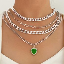 Pendant Necklaces DAXI 4 Pcs/Set Silver Color Multilayer Necklace Ladies Green Heart Thick Chain 2023 Trend Jewelry