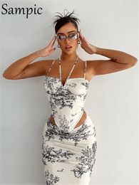 Two Piece Dress Sampic Women Skirt Suit Sexy Halter Y2K Print Corset Crop Tops And Wrap High Waist Midi Set Summer Outfits 230718