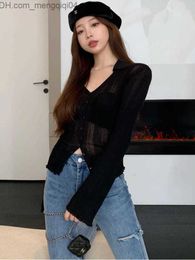 Women's Knits Tees Knitted T-shirt Women's Ultra thin Sexy Long Sleeve Daily V-neck Casual Korean Pure Retro Minimalism Spice Girl Spring Wear Z230719
