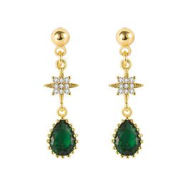 Dangle & Chandelier Vintage Fashion Stars Green Crystal Emerald Gemstones Drop Earrings For Women Gold Colour Jewellery Bijoux Party 280o