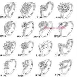 New High Qulity 23 Styles Mixed STYLES MIX SIZES 925 sterling Silver fashion charm Beautiful cute Crystal Stone Wedding ring jewel287d