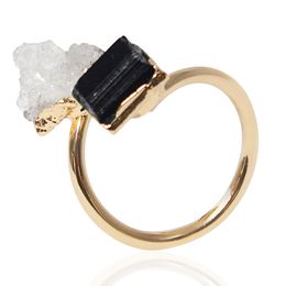 Irregular Druzy Stone Black Tourmaline Open Ring Golden Handmade Crystal Cluster Finger Jewelry Adjustable Size