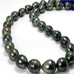 12-13mm Beaded Necklaces Natural Tahitian Black Green Baroque Pearl Necklace 18 Inch 14k Gold Clasp213Y
