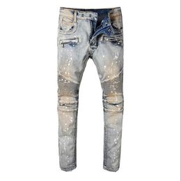 Men Draped Ripped Skinny Biker Holes Color Washed Jeans Destroyed Straight pants Slim Fit Denim Scratched Overalls Jean285z