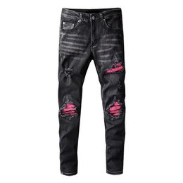 Men's Jeans Street Tide High Youth Pink Spell Genuine Leather Broken Patch Large Size Microelastic Black Men256N