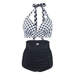 Women s Plus Size Swimwear Women Halter Top Bikini Set High Waist Push Up Swimsuit Plaid Vintage Sexy Beach Bathing Suit Swim Wear Retro XXL XXXL 230719