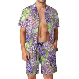 Men's Tracksuits Purple Floral Print Beachwear Men Sets Watercolour Flowers Casual Shirt Set Summer Shorts 2 Piece Fashion Suit Plus Size