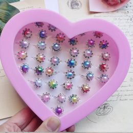 12pcs/set Mixed Rhinestone Bow Heart Ring Baby Kids Girl Children's Adjustable Alloy Rings For Christmas Gift Without Box