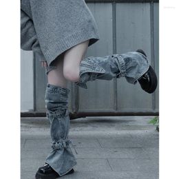 Women Socks Cute Denim Flared Leggings E-Girls Harajuku Punk Knee High Buckle Cargo Boot Cover Jeans Stockings