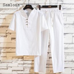 Men's Tracksuits Plus Size Mens Cotton Linen Two Piece Sets 2023 Europe Retro Simple Tops Blouse And Solid Pants Suit Male Casual Set