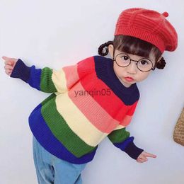 Pullover Kids Sweaters Winter Children's Sweater Rainbow Striped Girls and Boys Kint Sweaters Autumn Baby Warm Wool Tops Kids Clothes HKD230719