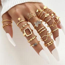 22PCS/SET Vintage Zircon Butterfly Heart Knuckle Rings Set For Women Men Hollow Flower Leaf Chain Geometric Rings Trendy Jewelry